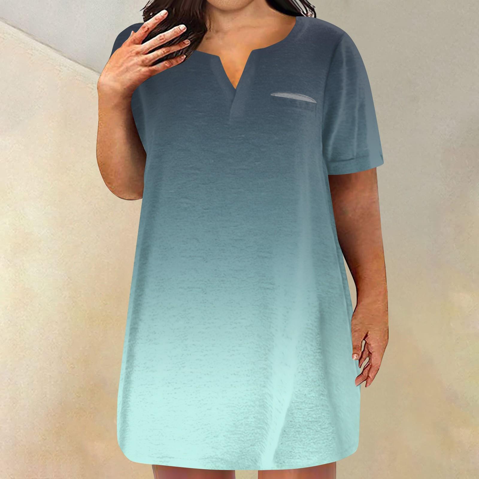 

Женские платья больших размеров с V-образным вырезом и коротким рукавом, летнее повседневное платье-туника с карманом XXL синий