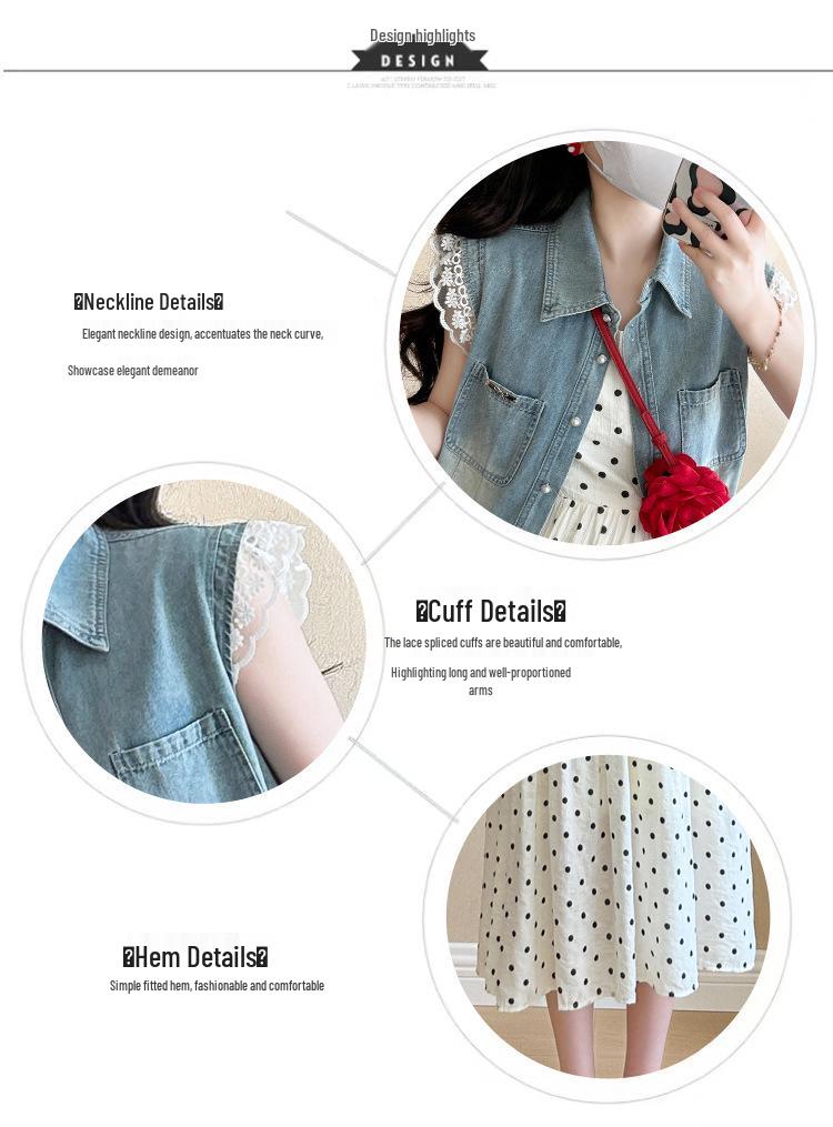 Korean Style Maternity Two-Piece Set: Lace Patchwork Denim Vest with Polka Dot Camisole Dress