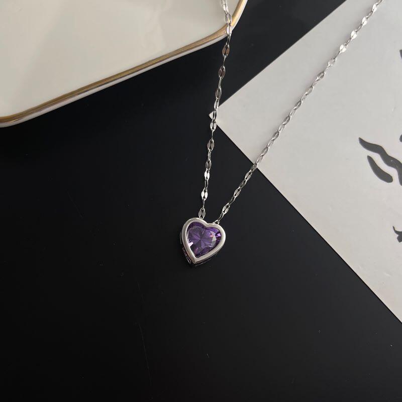 Silver Plated Stainless Steel Purple CZ Heart Pendant Necklace фиолетовый