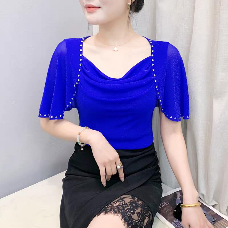 New Fashion Women's Chic Butterfly Sleeve Hot Diamonds Summer T-shirt Sexy Square Neck Slim Mesh Tops Elegant Female Tees