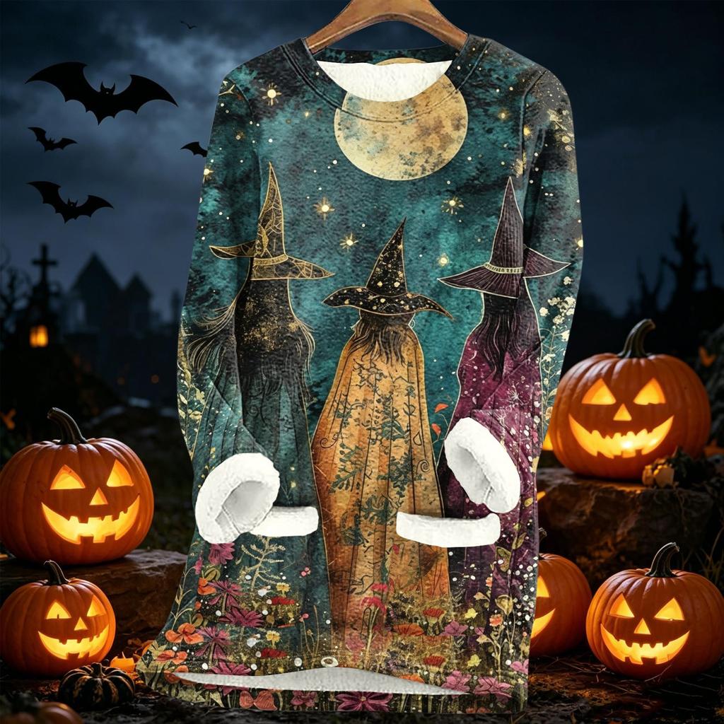 Women's Halloween Print Thick -Lined Lambswool Long Tunic Top for Fall and Winter