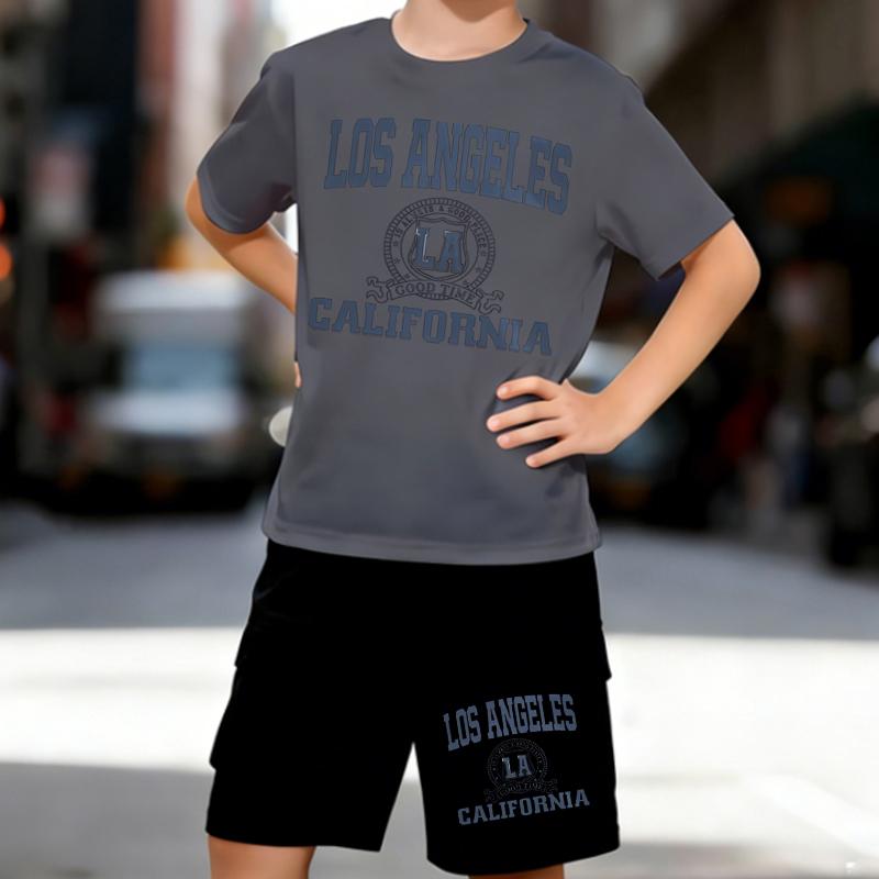 Boys 2 Piece Los Angeles Print Outfit, Short Sleeve T-Shirt and Shorts Set for Kids Age 5-14, Black and White Sporty Casual Summer Clothes