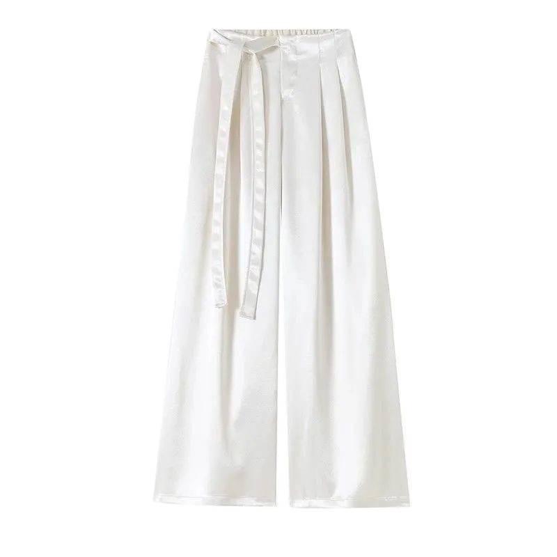Women's Summer Acetate Satin Wide-Leg High-Waisted Pants with Tie-Up and Drape Design