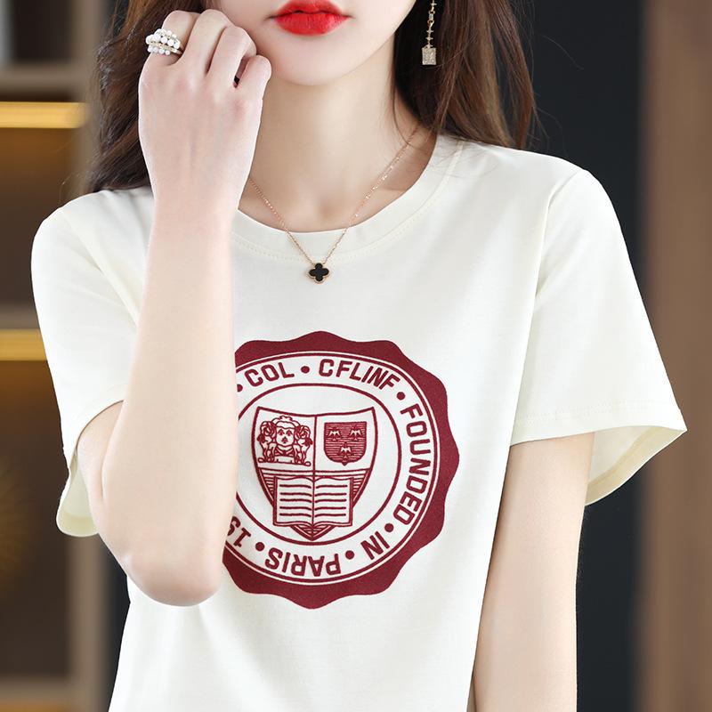 New Summer Mercerized Cotton T-shirt for Women Round Neck Slim and Versatile Printed Cotton Thread Short-sleeved Slim Korean Top