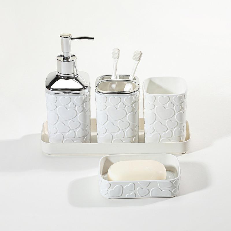 Black Pattern Tray Resin Bathroom Set Toothbrush Holder Soap Dispenser Soap Dish Bathroom Accessories Set Home Decor 5pcs/Set
