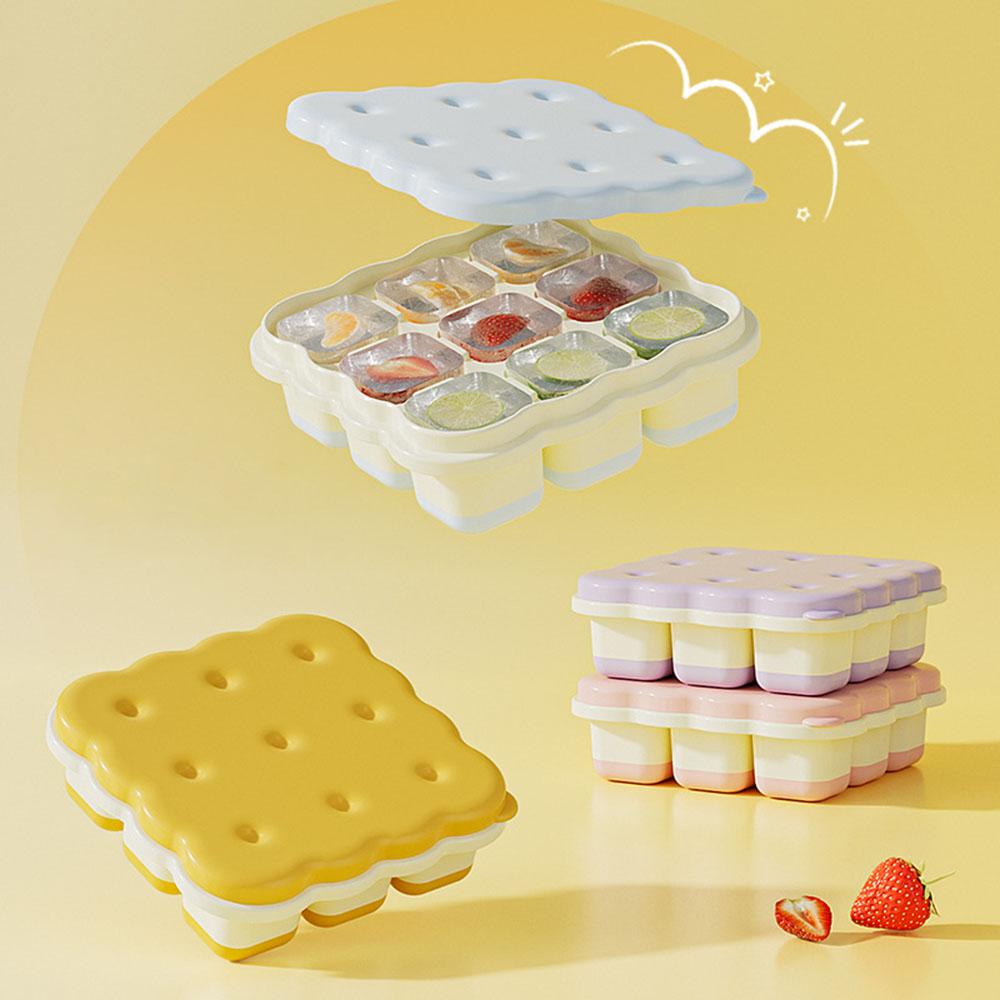 Cartoon Biscuit Style 9-grid Ice Cube Mold, Food-grade Silicone Ice Tray with Lid for Baby Food and Ice Making