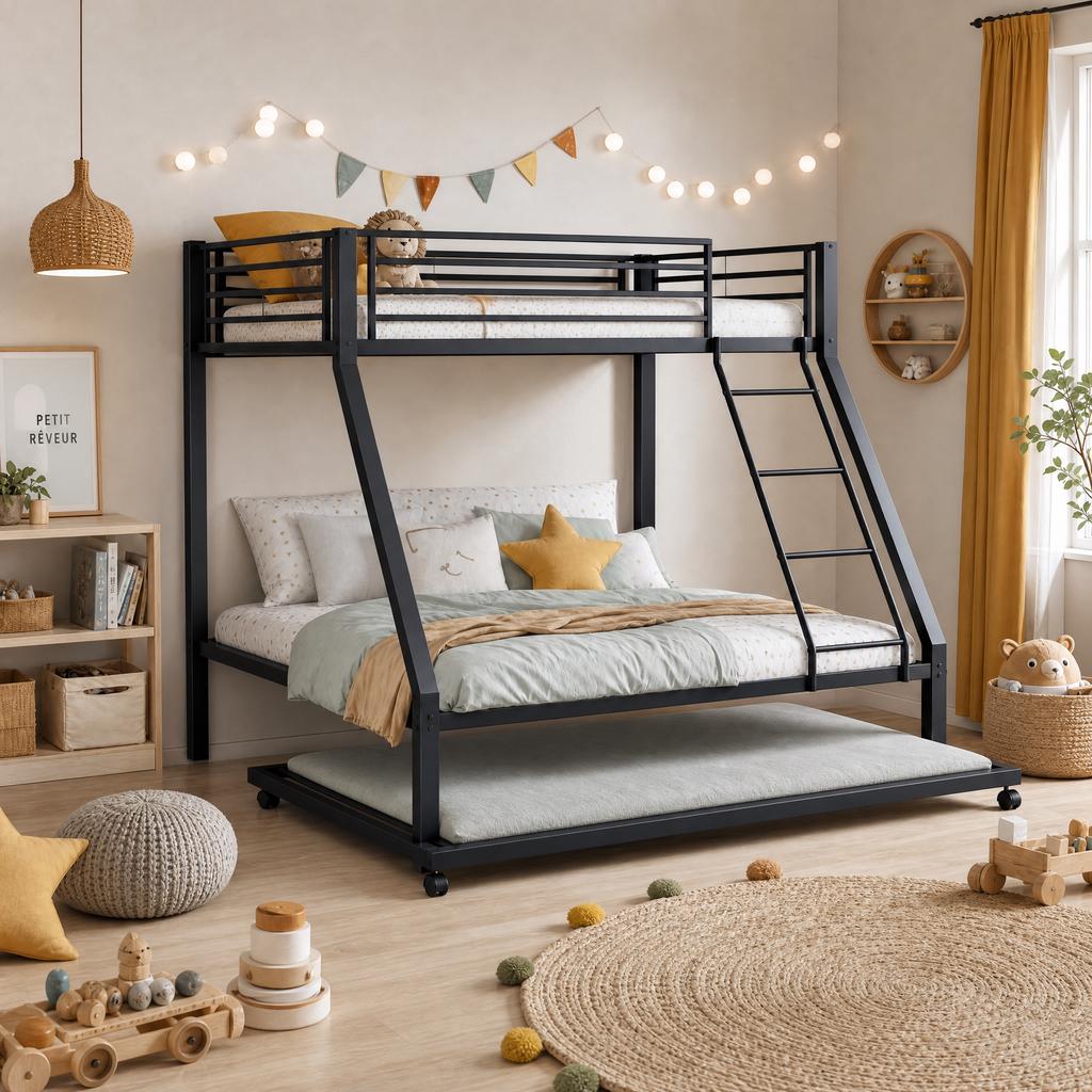 Metal Bunk Bed 90x200 & 140x200 Cm, Pull-Out Bed 90x190cm, Family Bed Capacity Up To 550kg, 3 Sleeping Places, Slanted Ladder & Fall Protection, Black
