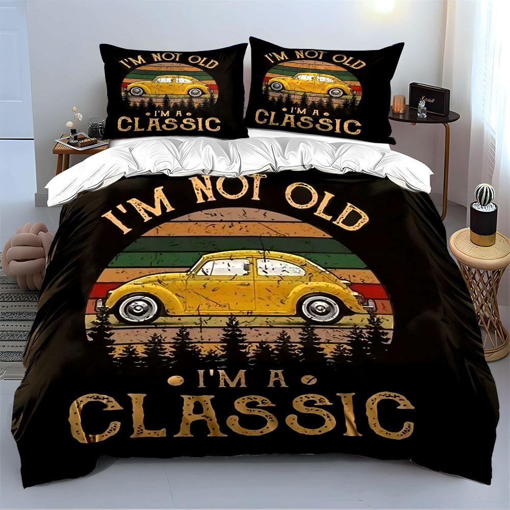 Voiture Jaune Vintage Rétro Classique Ensemble de Literie Housse de Couette Housse de Couette Taies d'Oreiller  (1*Housse de couette 2*Taies d'oreiller, sans couette)