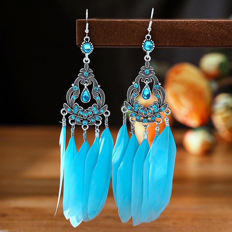 Blue Fashion Boho Temperament Water Drop Feather Earrings for Women Long Crystal Rhinestone Drop Oil Dangle Earring Jewelry