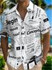 Men'S Newspaper Tattered Text Print Short Sleeve Shirt, White Base with Tattered Newspaper Layout And English Text Pattern, Loose Fit Single-Button