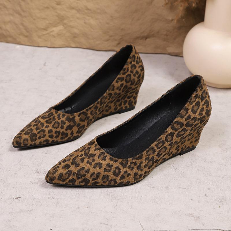 Wedge Heel Single Shoes New Spring and Summer Leopard Print Pointed Head Comfortable Shallow Mouth Square Buckle Rhinestone Shoes
