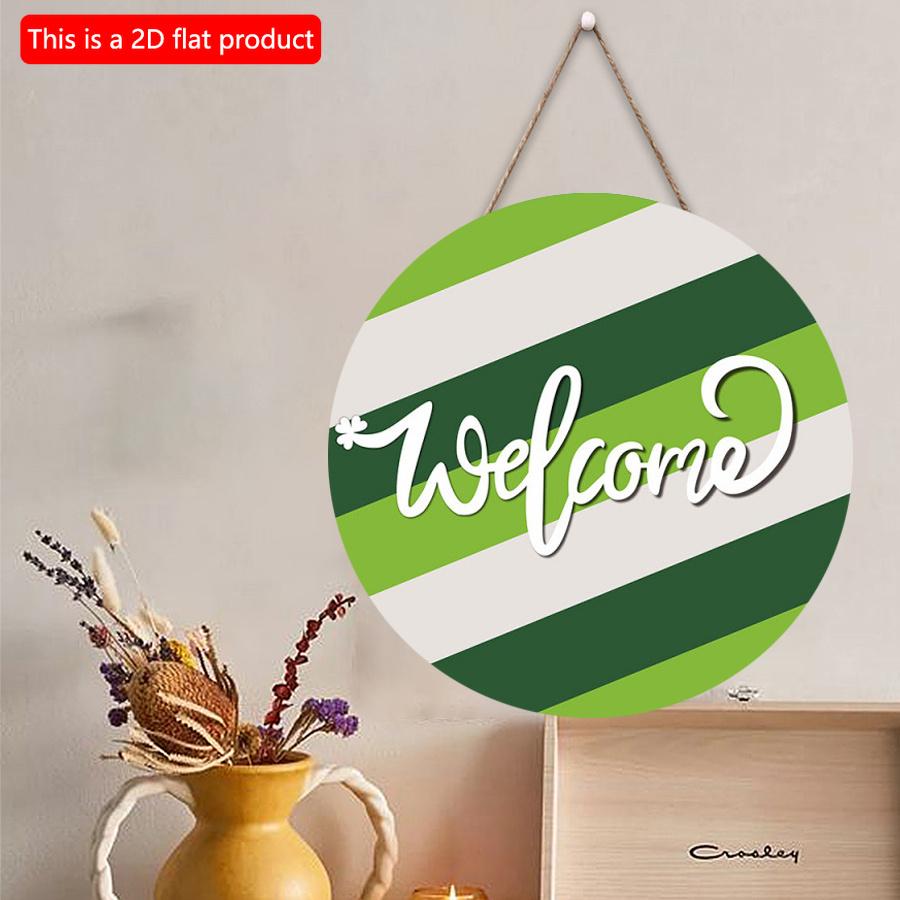 2D flat 20*20cm 1pc Welcome St. Patrick's Day White green stripes Wood Hanging Door Sign, Lucky Shamrock pattern simple style Art Plaques for Front