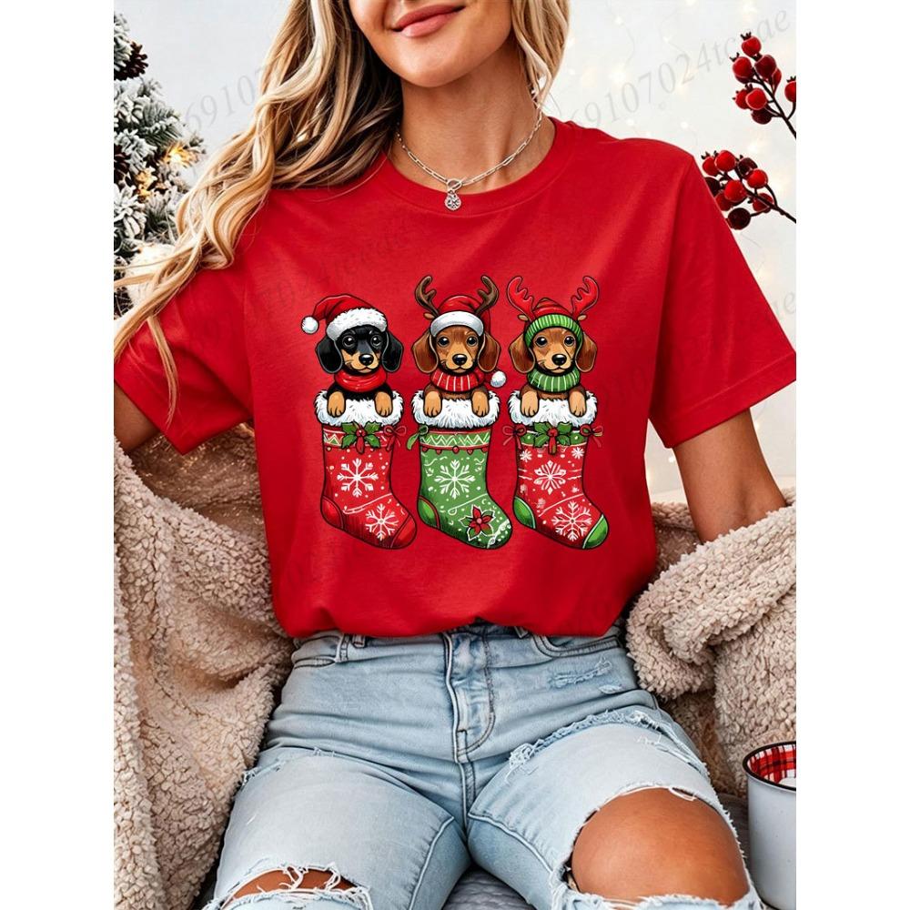 Christmas Dachshund Dog T‑Shirt Women Xmas Stocking Santa Hat Print