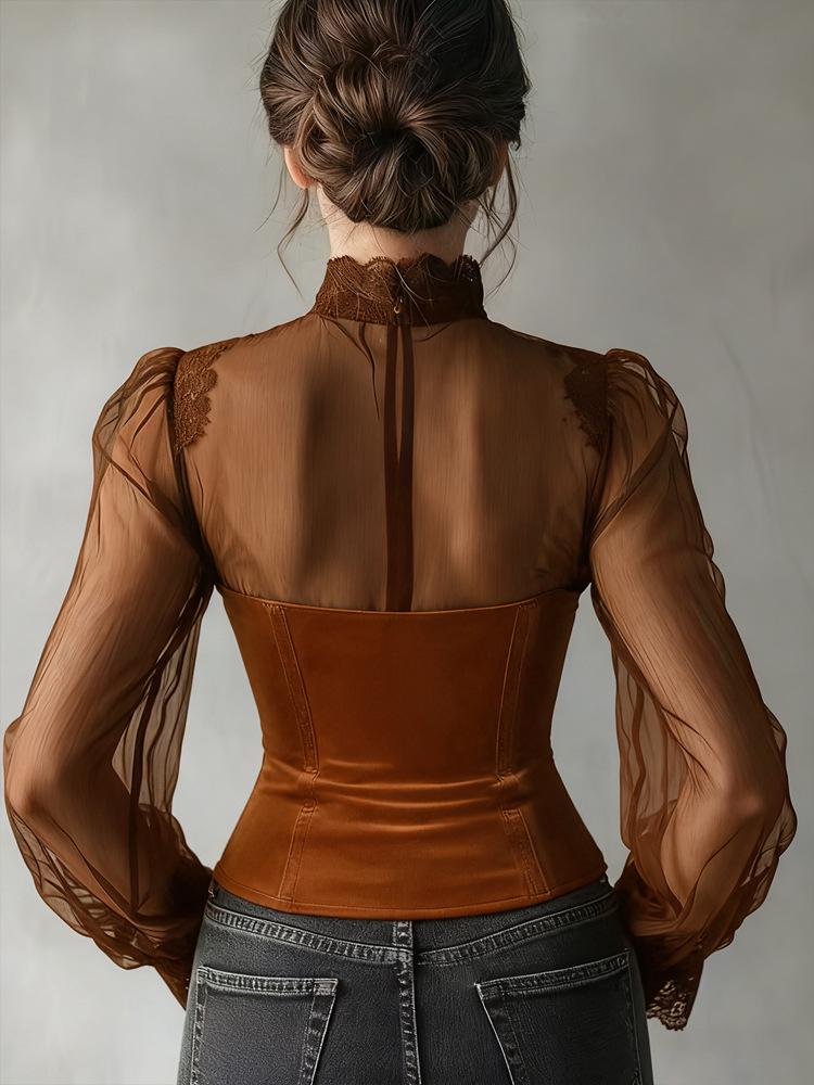 Elegant Spliced Mesh Bell Sleeve Lace-up Waist Top - Spring/Autumn 2026 Collection