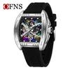 Oufanni Leuchtendes Skelett Quarz Tonneau-Uhr - Herren Freizeit Business Wasserdichte Mode-Uhr