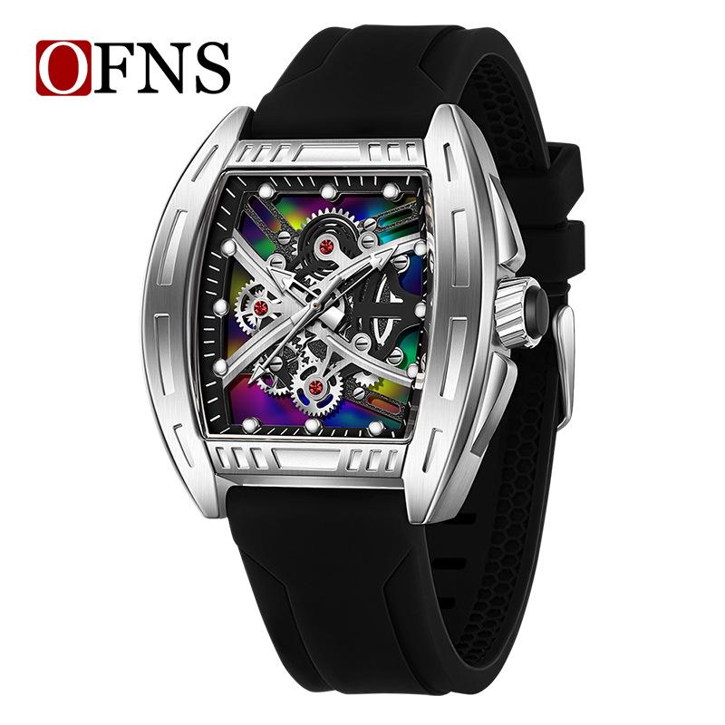 Oufanni Leuchtendes Skelett Quarz Tonneau-Uhr - Herren Freizeit Business Wasserdichte Mode-Uhr