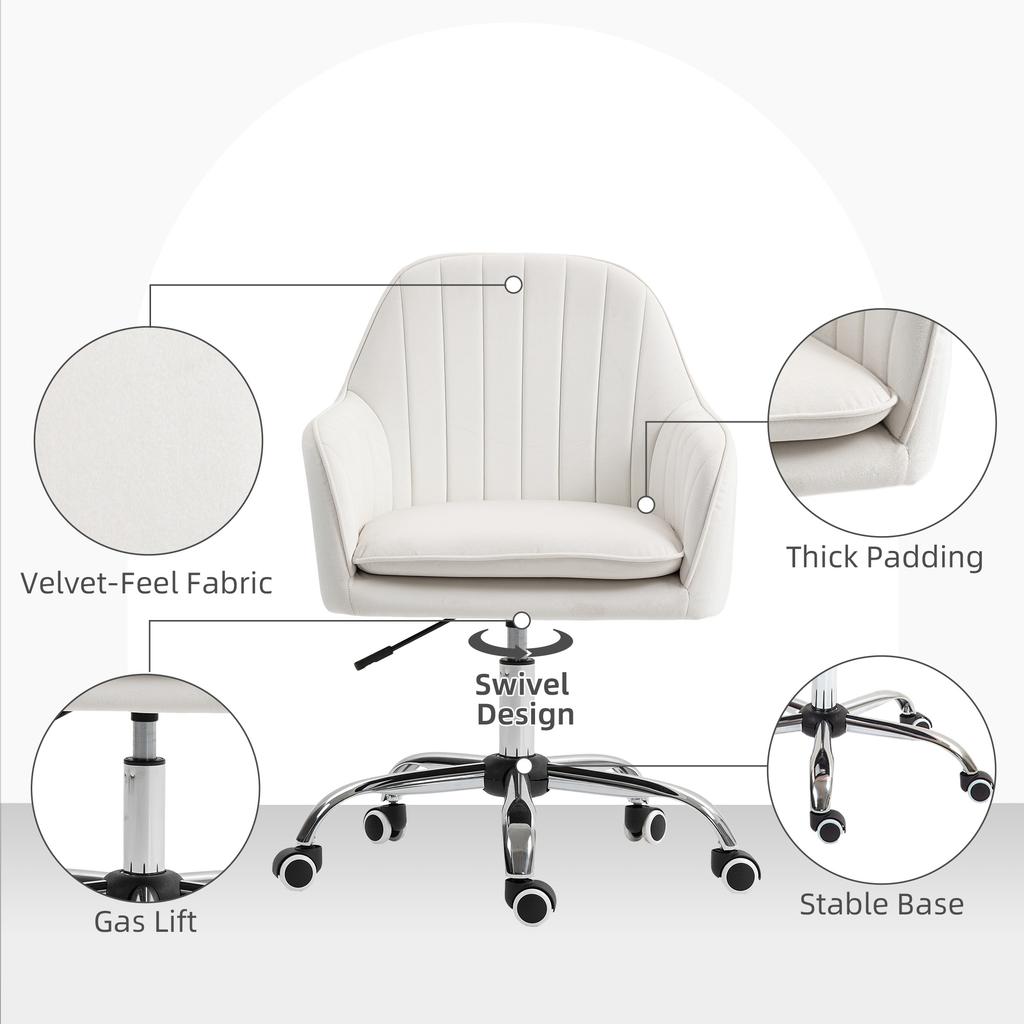Velvet Feel Office Chair With Adjustable Height And Wheels Cream White