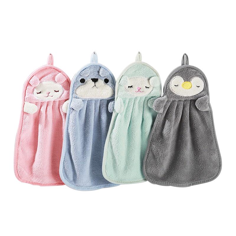Hangable Coral Fleece Hand Towel Cartoon Animal Hand Towel Kitchen Bathroom Absorbent Towel Handkerchiefs
