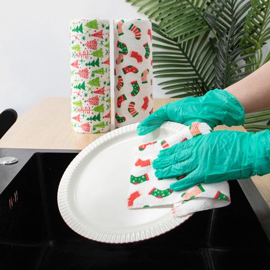 20Pcs Christmas Microfiber Cleaning Cloth Christmas Themed Print Tear-Away Reusable Paper Towel Super Absorbent Cleaning Sheets