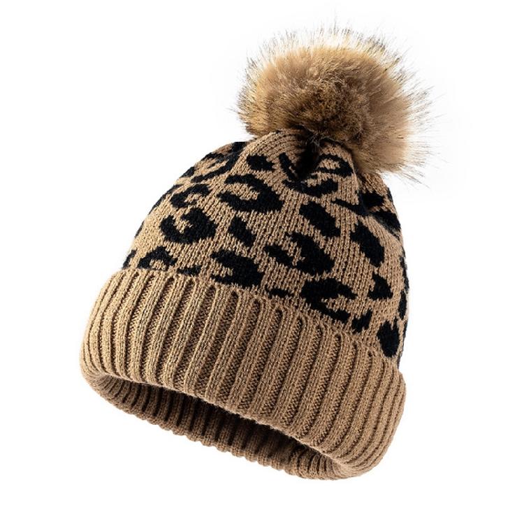 Leopard-print Knitted Wool Cap for W/Pompon Women Beanie Outdoor Casual Winter H