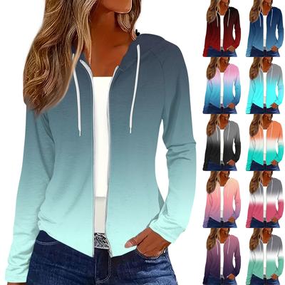 Women's Fashion Casual Zip Up Hooded Print Long Sleeve Sweatshirts Coat