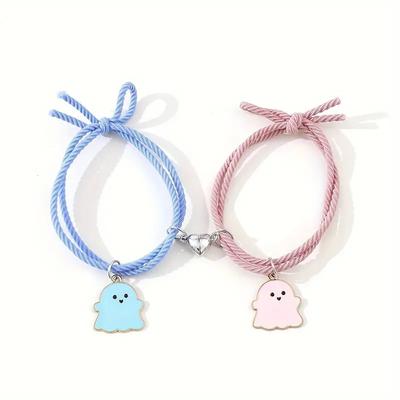 Couple Bracelet, Ghost Pendant Bracelet, Two Pcs Heart Shaped Magnetic Bracelet, Halloween Heart-shaped Attraction Bracelet