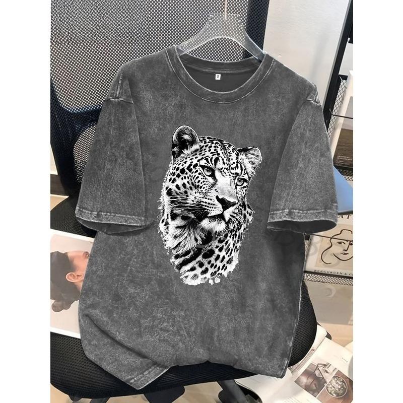 Realistic Black and White Leopard Head, Printed Men's T-shirt, High-quality Washed Cotton Fashion T-shirt, Popular Daily Wear, Easter