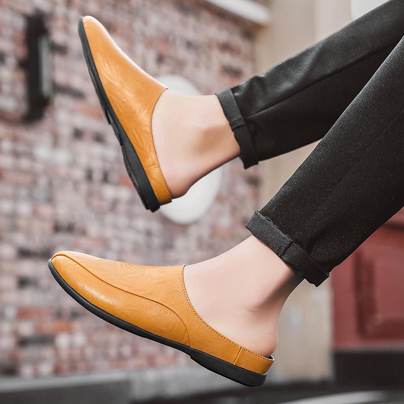 Half Drag Casual Sandals Shoes Summer Genuine Leather Men Half Slipper Breathable Slip On Loafers Comfortable Lazy Driving Shoes