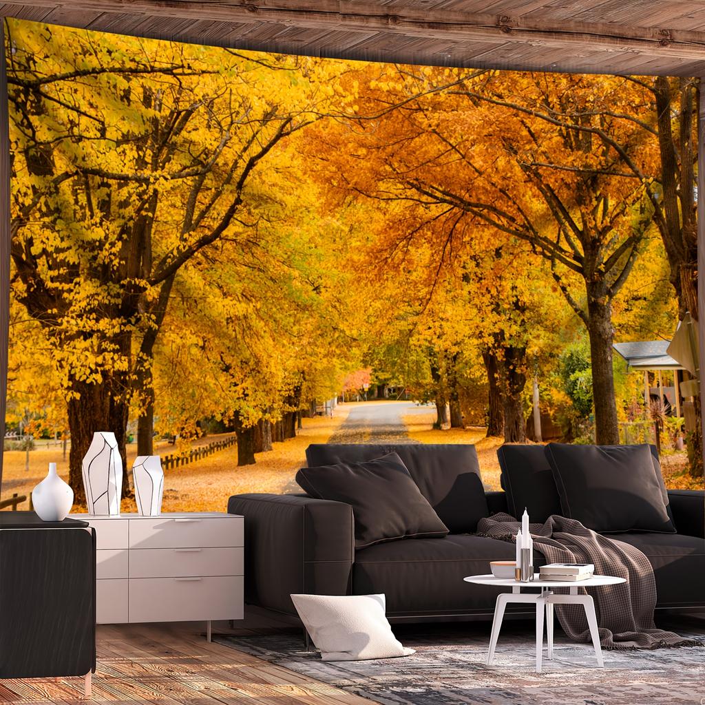 Golden Fall Forest Tapestry Yellow Trees and Pathway Design Water Resistant Fabric Seasonal Nature Theme Wall Hanging Fashion