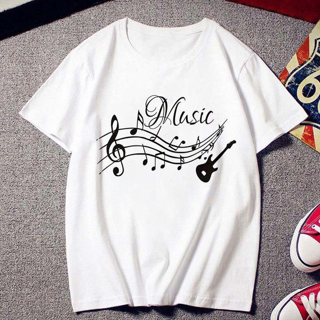 Fashion Creative Musical Note Printed T Shirt Female Harajuku Tshirt Ulzzang Clothes Vintage New White T -Shirt Women Tees Tops