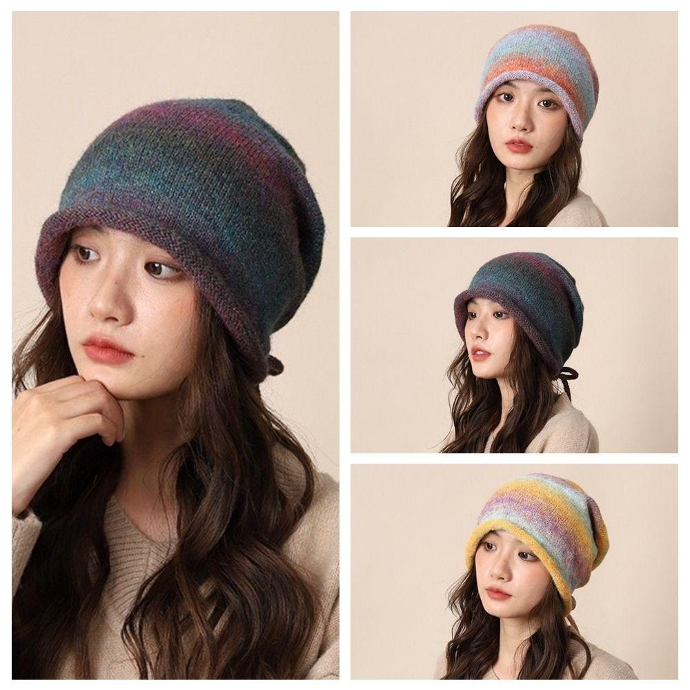 Rolled Brim Knitted Stacked Hat Loose Y2K Pullover Cap Casual Brimless Beanie Cap Gifts