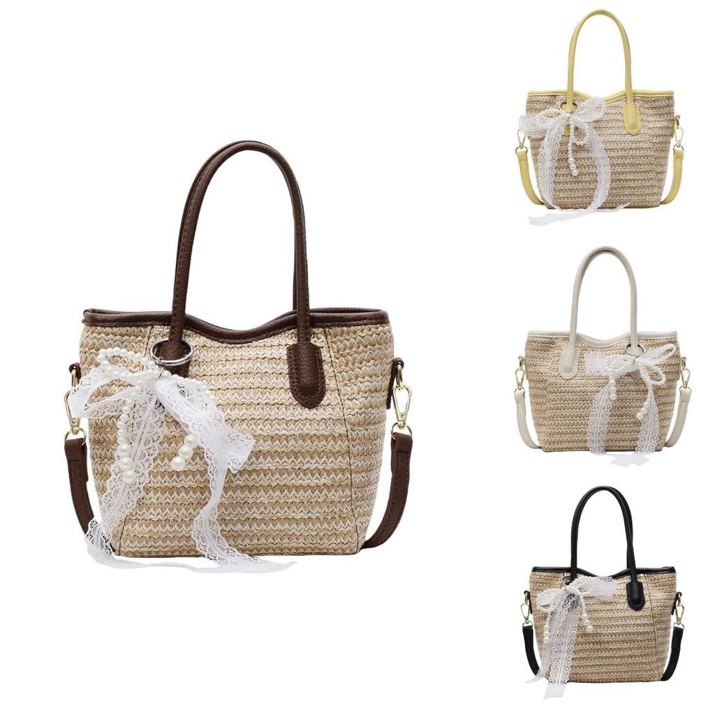 Grass Weave Bucket Bag For Women Summer Casual Handheld With Zipper Closure