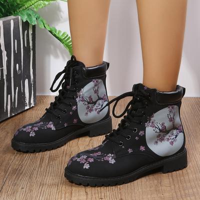 Damen Mode Leder Blumendruck Schnürung Klobiger Absatz Kurze Stiefel Wanderstiefel für Damen Unterstützung