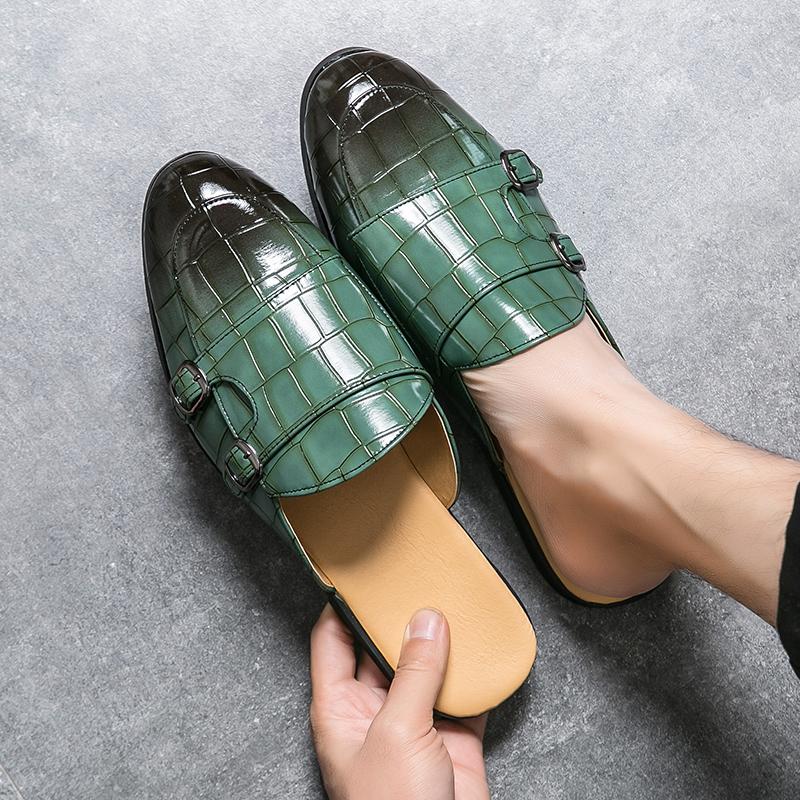 Men's Sandals Clogs Summer Flats Dress Shoes Black Sandals Casual Backless Green White Leather Shoes Large Size