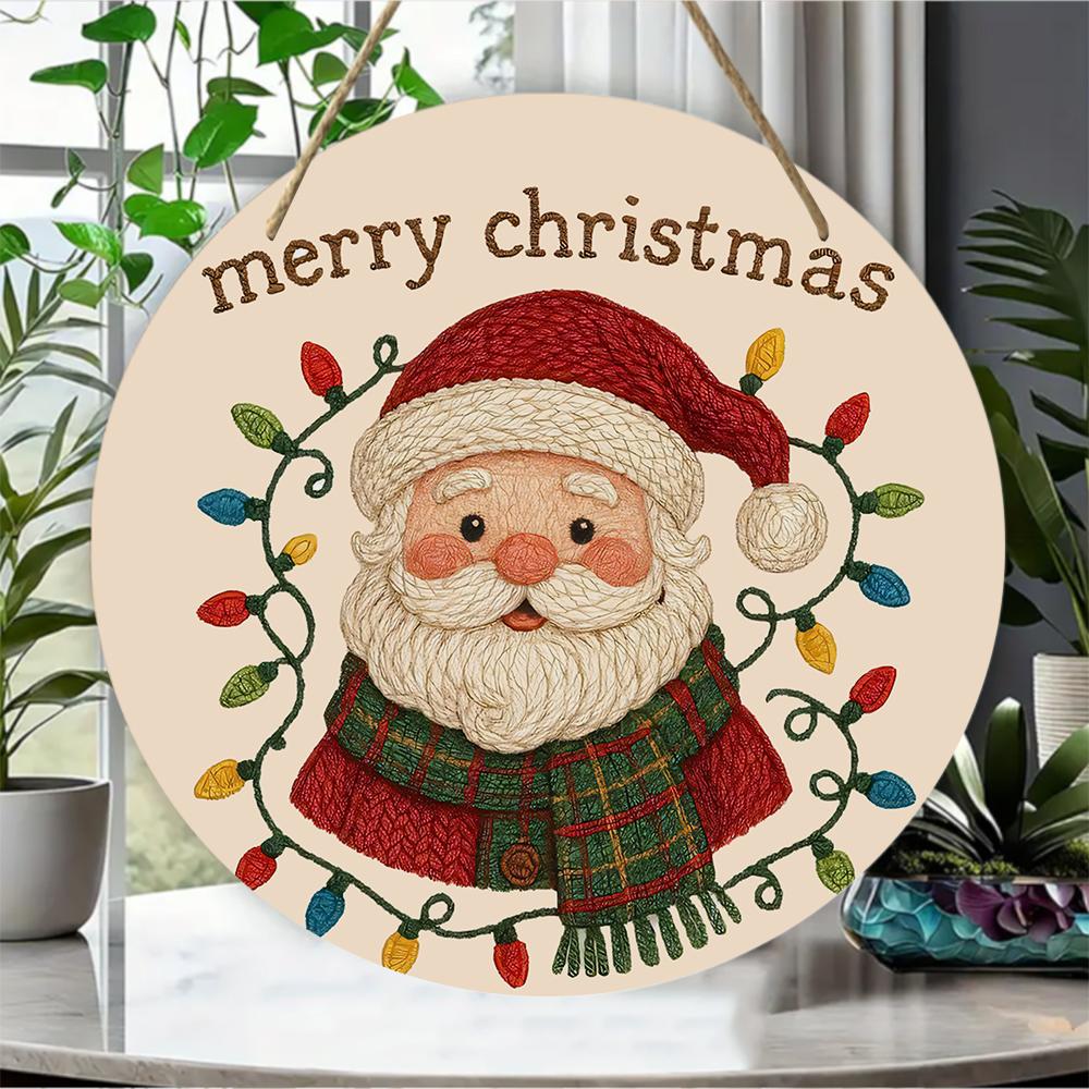 Vintage Santa Claus Print Round Wooden Hanging Plaque Natural Solid Wood Texture Wall Decor Door Sign Christmas Festive Home Gift Ornament