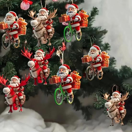 Yousheng Wooden Christmas Ornament 2D Santa Claus On Hot Air Balloon/Riding Bicycle/Penguin/Elf Hanging Ornaments for Xmas Tree Holiday Party Decor