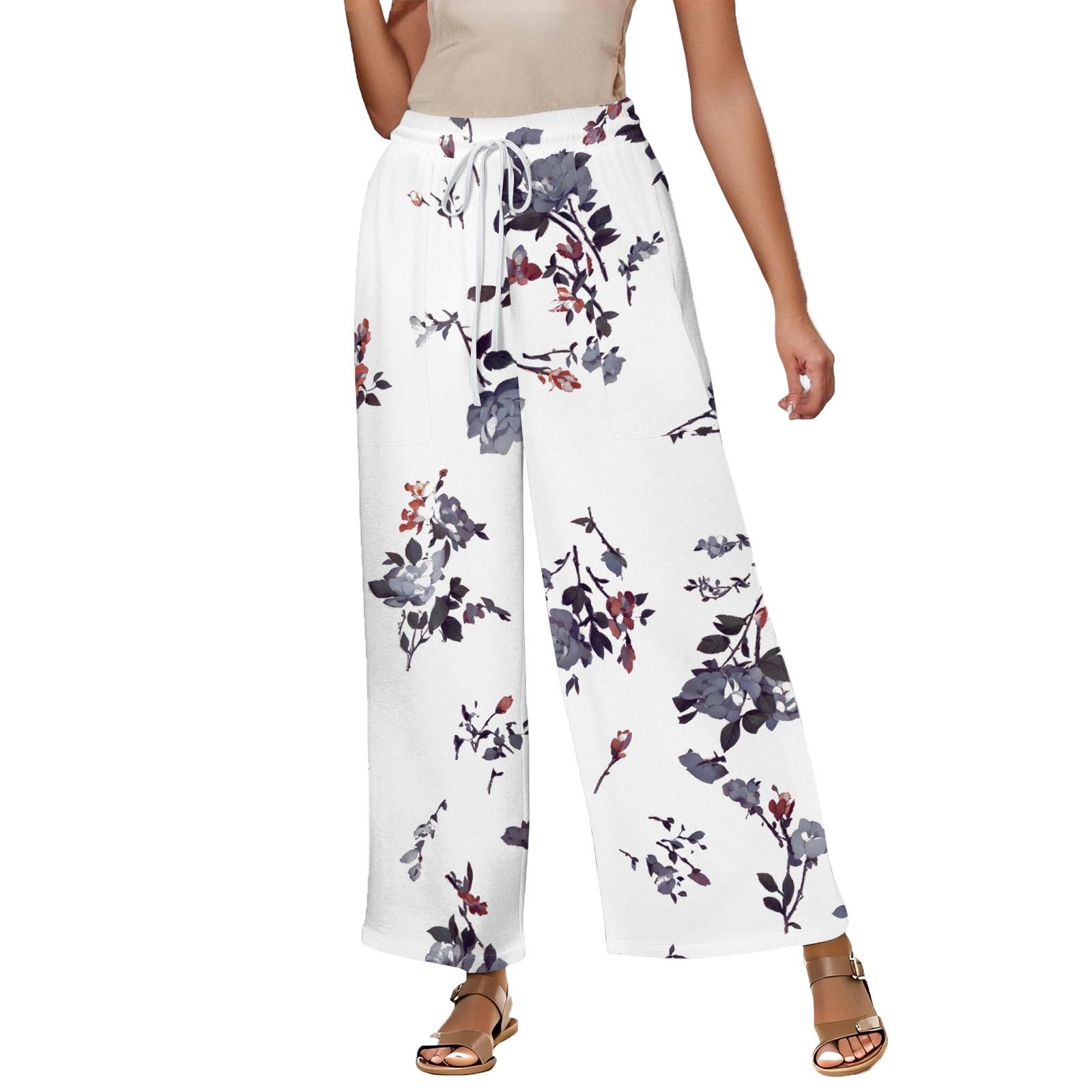 

Women s Summer Elastic Waist Floral Print Cotton And Linen Loose Cropped Pants XXL Темно-синій