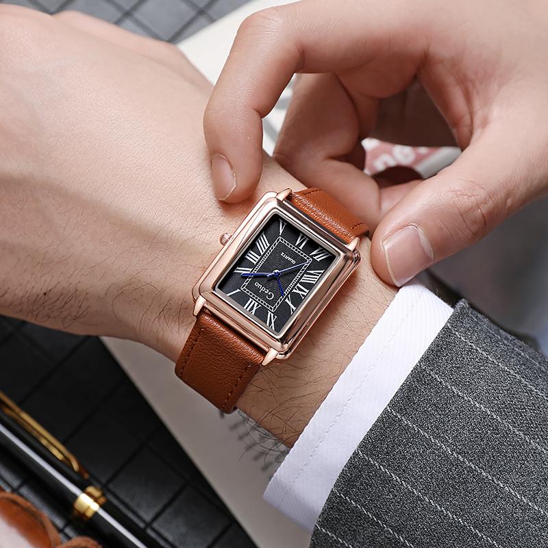 Herren Retro Quadratische Quarz Uhr, Römische Ziffern Lederarmband Armbanduhr für Business Casual