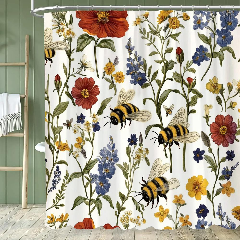 Vintage Botanischer Druck Blumiger Duschvorhang, Badezimmer Dekorativer Blumen Duschvorhang, Wasserdichter Duschvorhang Mit Haken