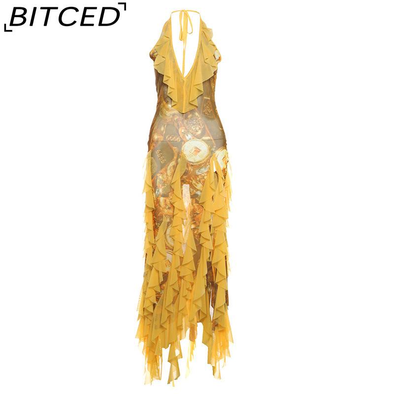 

BITCED Summer Sexy Ruffled Resort-Style Halter Neck Dress for Women L жёлтый