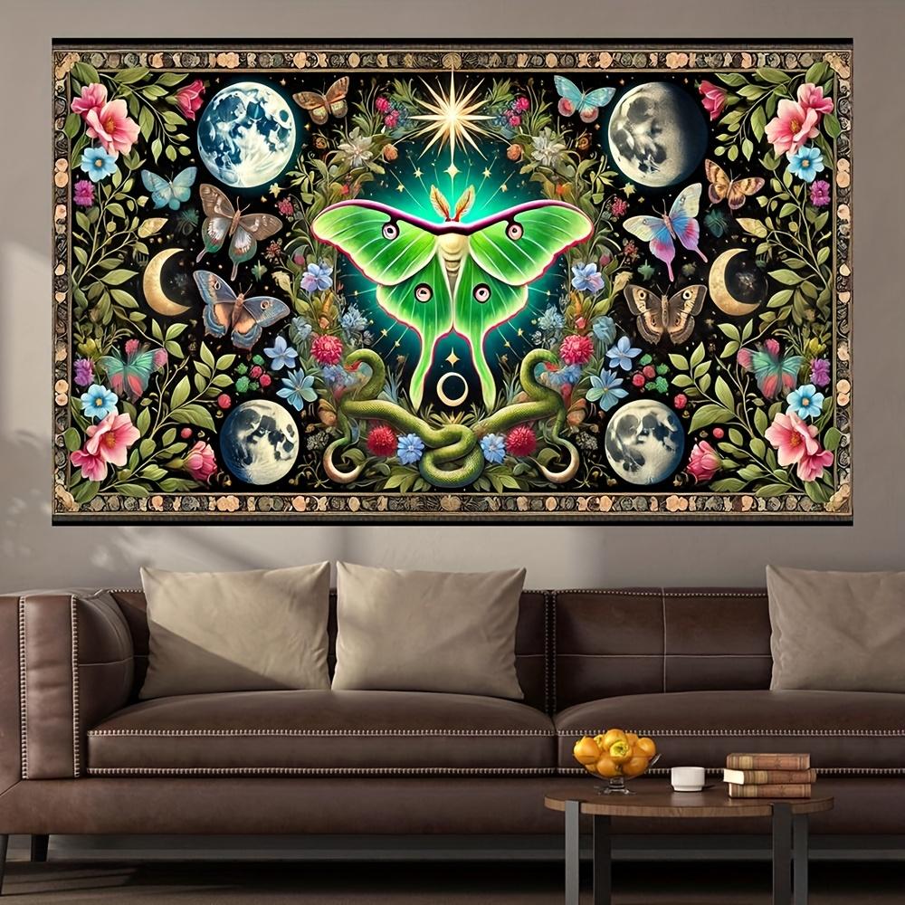 Luna Moth Wall Tapestry Cosmic Butterfly Art Moon Phases Floral Pattern Mystical Nature Decor Boho Living Room Wall Hanging