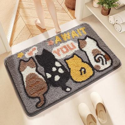 Cartoon Cat Flocking Bath Mat, Thickened Microfiber Super Absorbent Anti-Slip Bathroom Rug, Soft Bathroom Carpet for Home Decor
