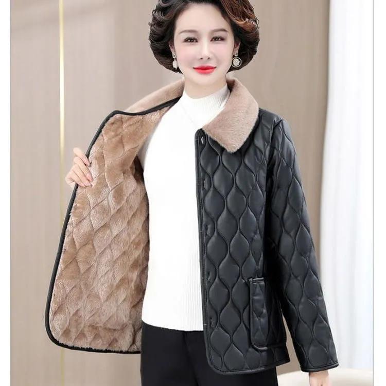 Women Winter Thick Plush Jacket Mom's Fur Collar Coat with Velvet Warm Quilted Coat