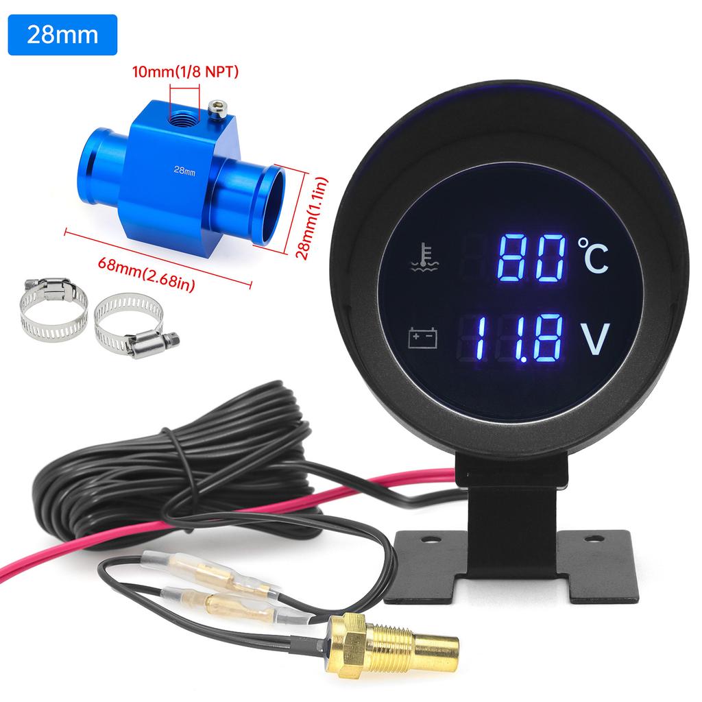AD Round Led Digital Car Water Temp Gauge  + Voltmeter 2in1 Water Temperature Adapter Moto Volt Meter + Water Temp Sensor 10mm