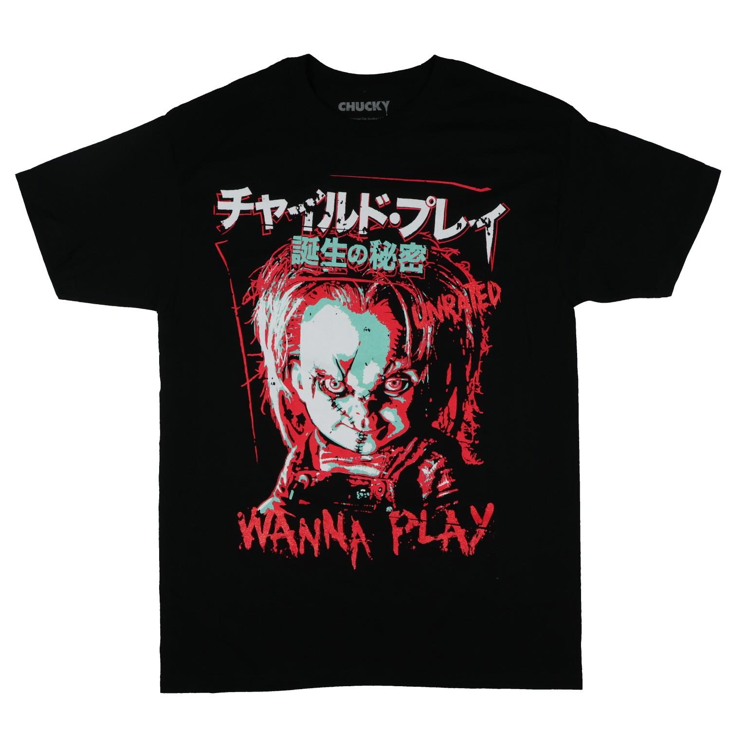 Child s Play Chucky T-Shirt Men s Wanna Play Short Sleeve 3D Poster Top (XL) L
