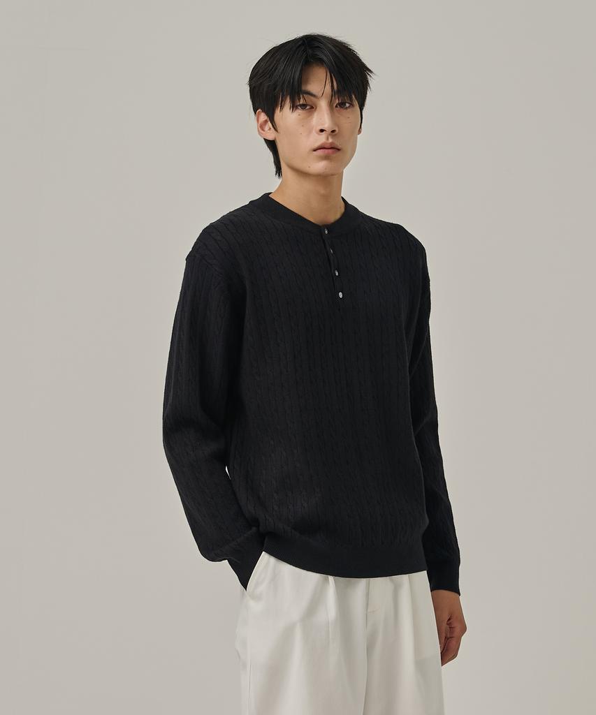 ANALOG MOOD Washable Cable Henley Neck Knit T-Shirt (Black)
