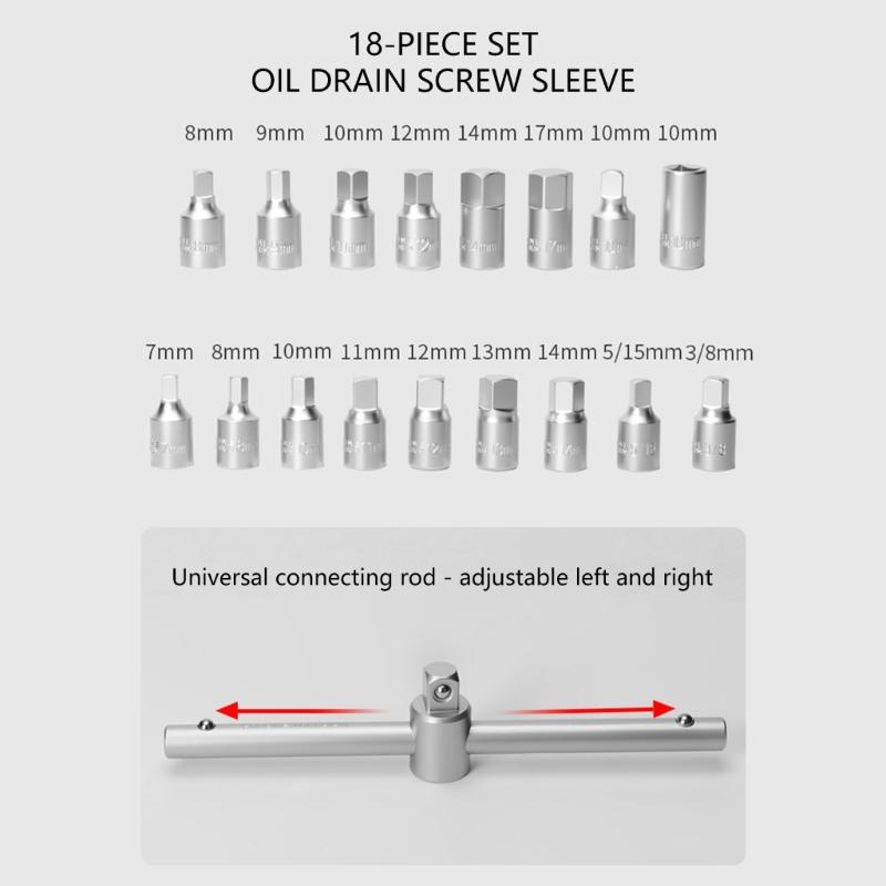 18 in 1 Professional Oil Pan Oil Drain Screw Wrench Removal Tool Heavy Duty Socket Wrench Car Repair Maintenance