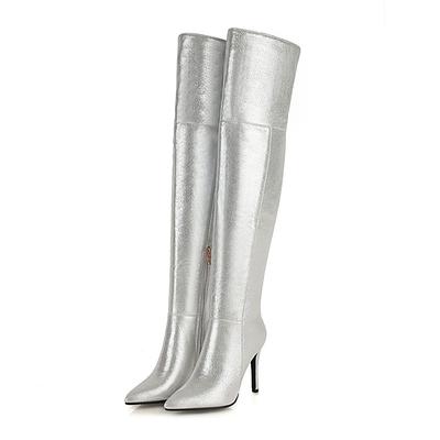 Paillettenbesetzte Damen High Boots Winterschuhe Gold Silber Absätze Western Overknee Stiefel Spitzschuhe Partyschuhe Dame Große Größe 48