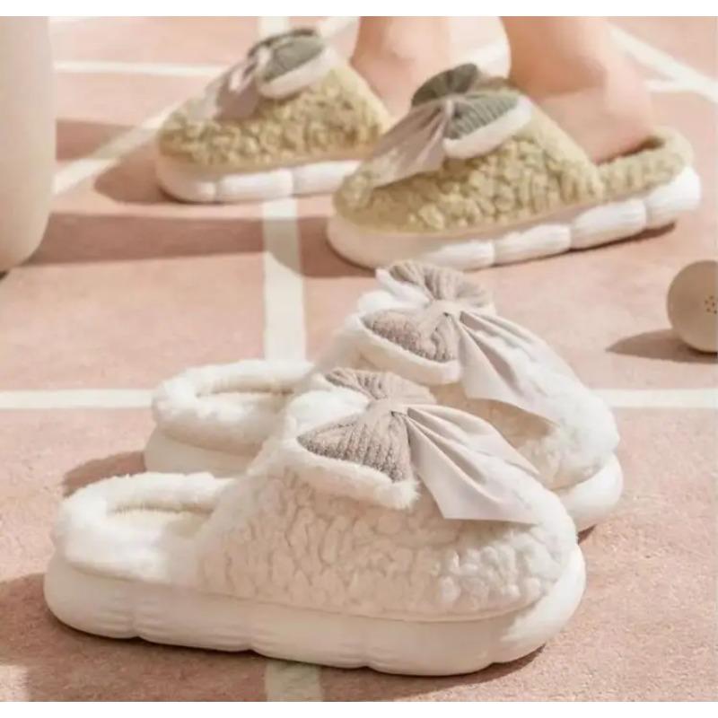 Winter Warm Fur Slippers for Women Cute Bow House Soft Shoes Comfort Flat Heel Home Indoor Bedroom Plush Slippers