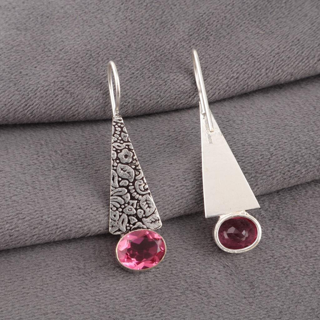 Natural Pink Tourmaline Gemstone 925 Solid Silver Jewelry Handmade Earrings 1.9" EE-165-3